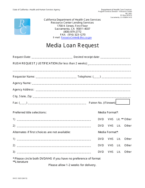 Form DHCS5023 Media Loan Request - California