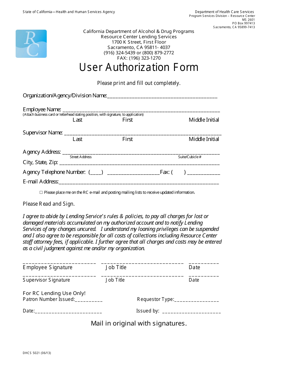 Form DHCS5021 User Authorization Form - California, Page 1