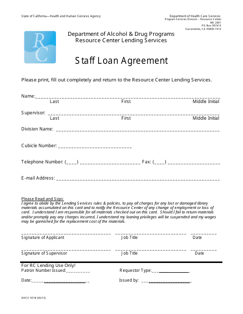 Form DHCS5018 Staff Loan Agreement - California