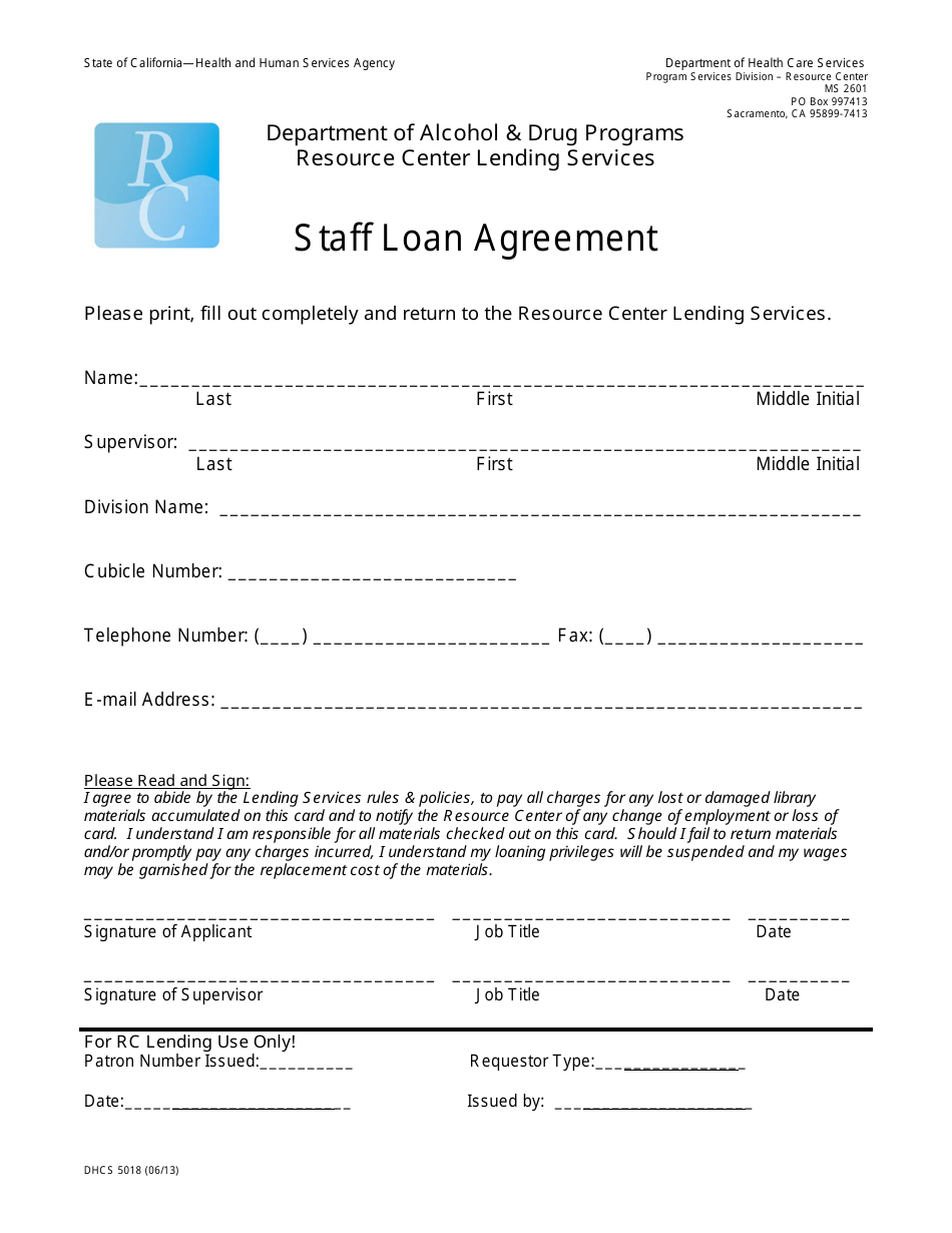 Form DHCS5018 Staff Loan Agreement - California, Page 1