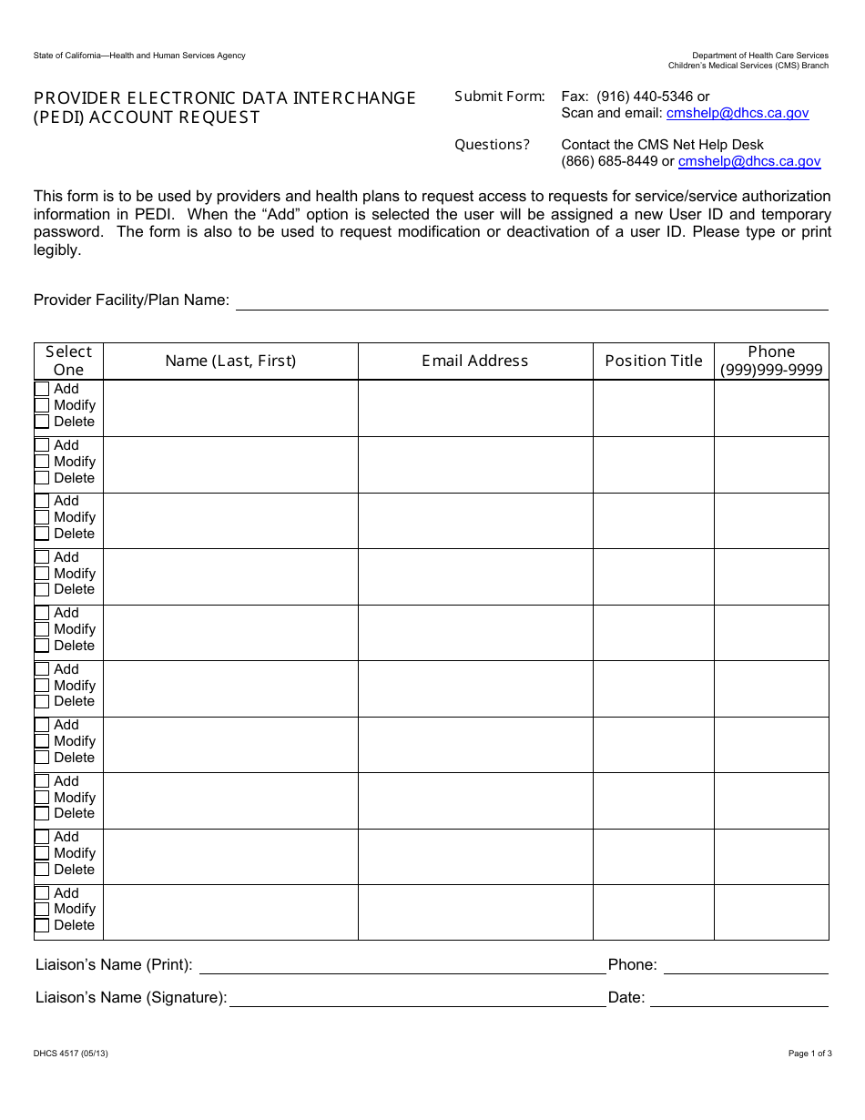 Form DHCS4517 Provider Electronic Data Interchange (Pedi) Account Request - California, Page 1