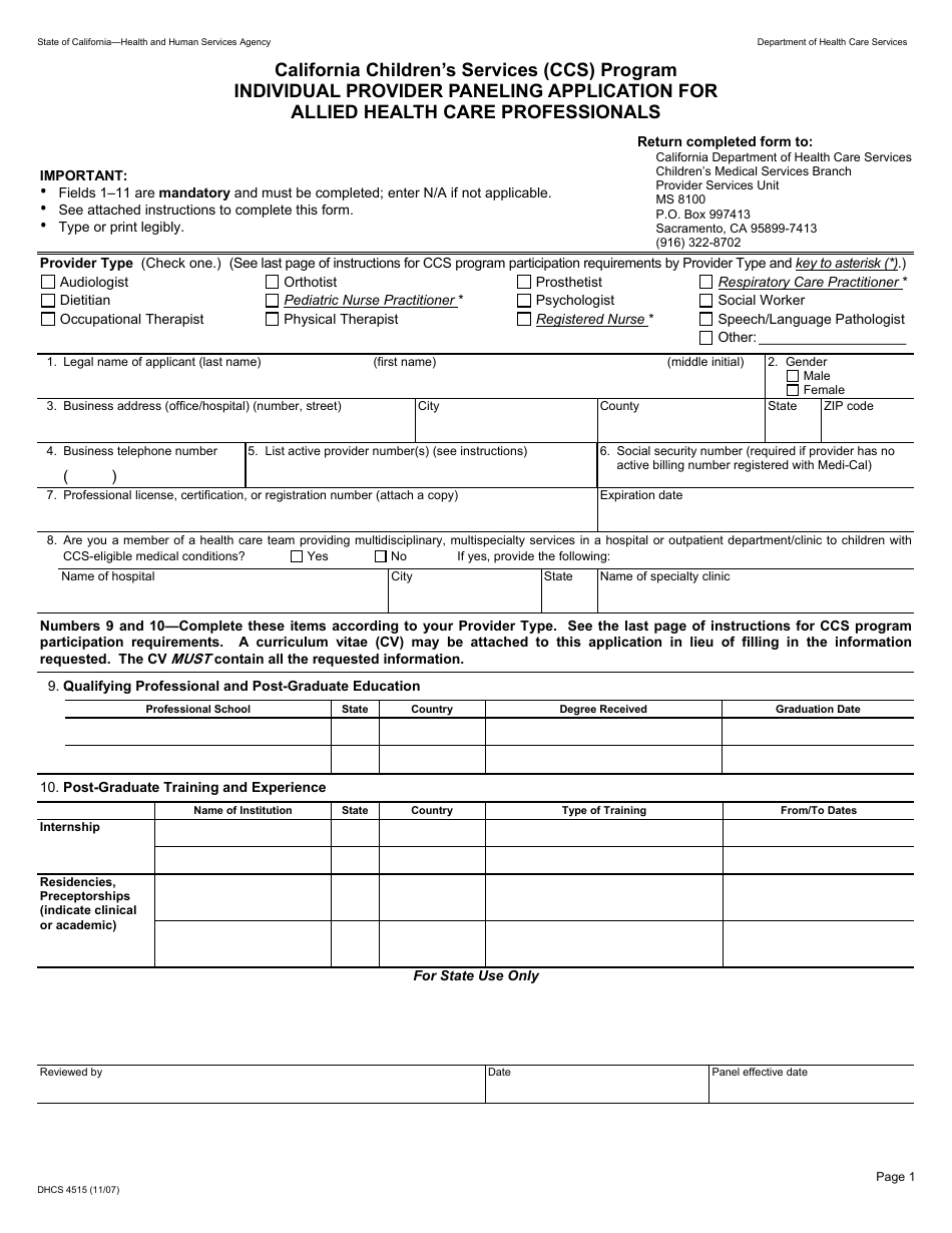 Form DHCS4515 Individual Provider Paneling Application for Allied Health Care Professionals - California, Page 1