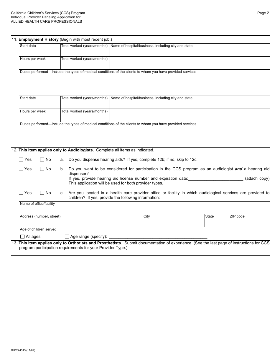 Form DHCS4515 Individual Provider Paneling Application for Allied Health Care Professionals - California, Page 2