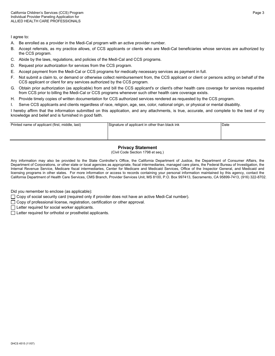 Form DHCS4515 Individual Provider Paneling Application for Allied Health Care Professionals - California, Page 3