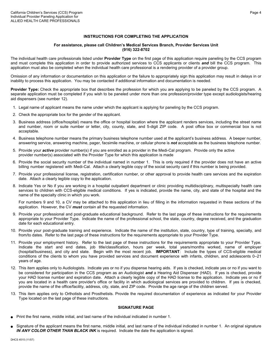 Form DHCS4515 Individual Provider Paneling Application for Allied Health Care Professionals - California, Page 4