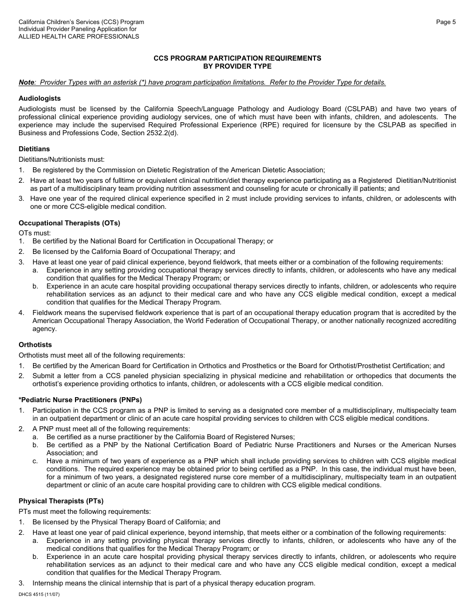 Form DHCS4515 Individual Provider Paneling Application for Allied Health Care Professionals - California, Page 5