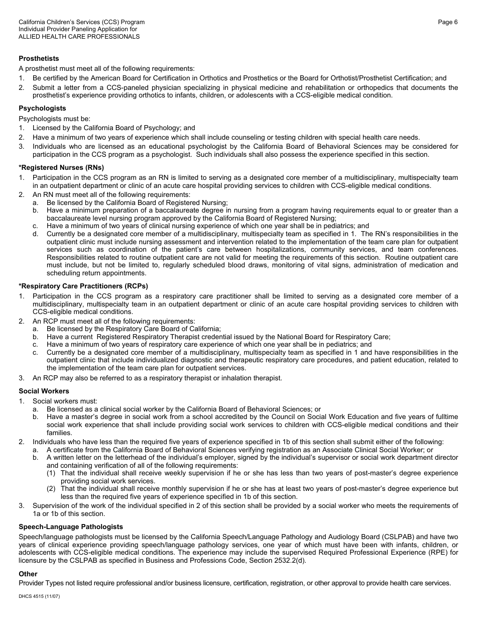 Form DHCS4515 Individual Provider Paneling Application for Allied Health Care Professionals - California, Page 6