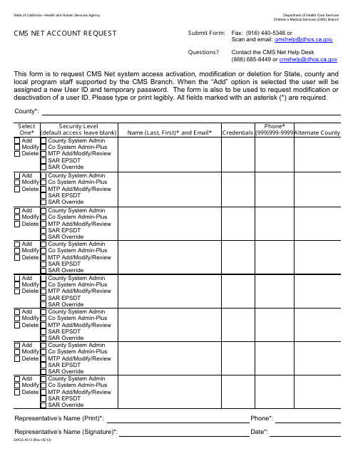 Form DHCS4513  Printable Pdf