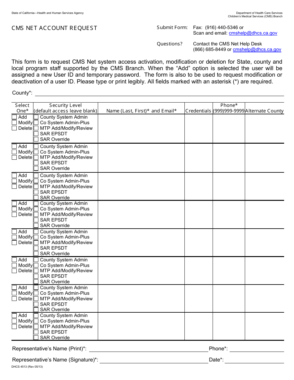 Form DHCS4513 Cms Net Account Request - California, Page 1