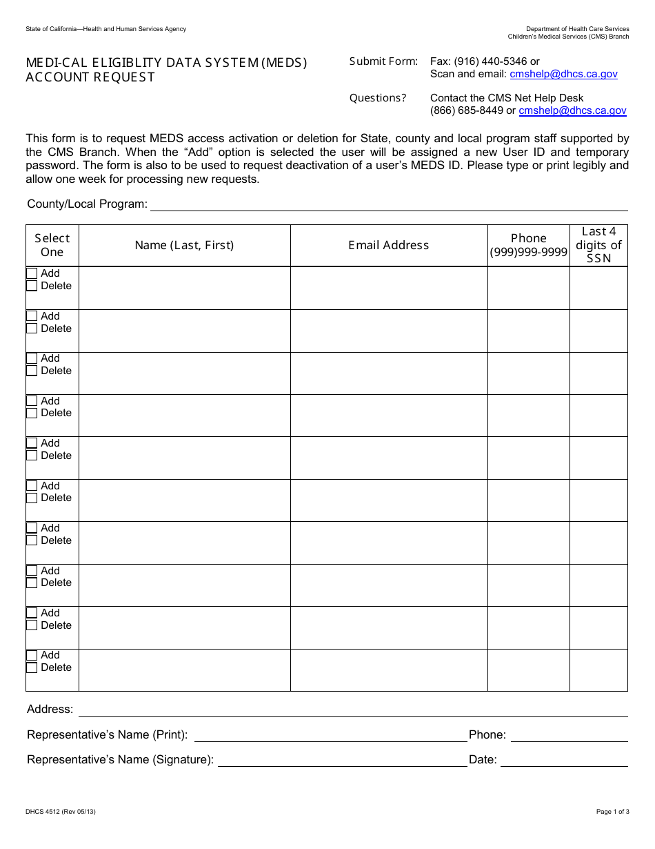Form DHCS4512 Fill Out, Sign Online and Download Fillable PDF