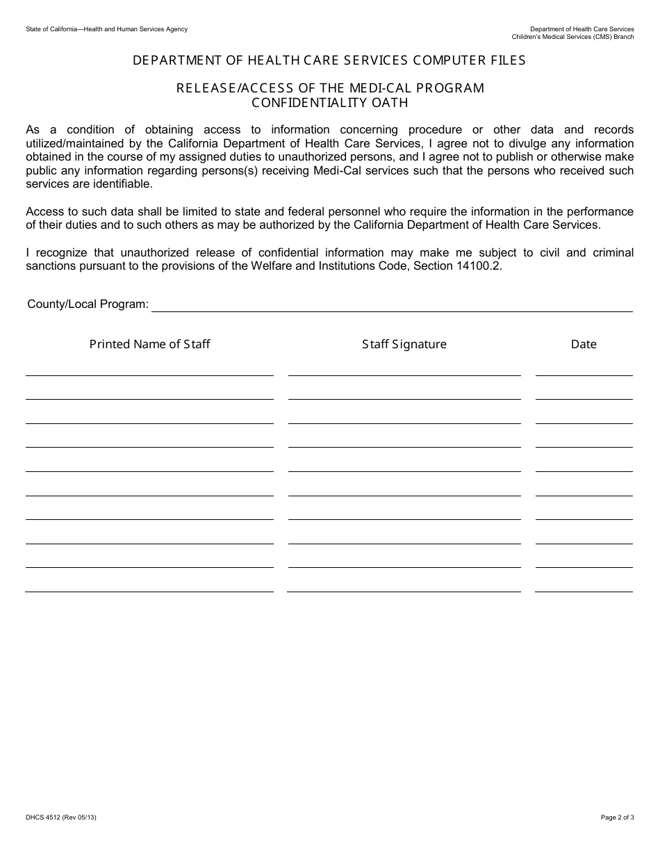 Form DHCS4512 Dhcs Computer Files Release / Access of Mc Program Confidential Oath - California, Page 2