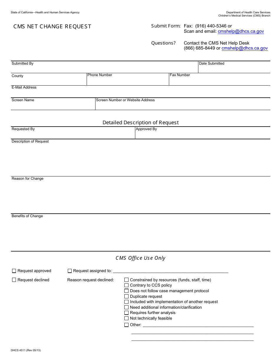 Form DHCS4511 Cms Net Change Request - California, Page 1