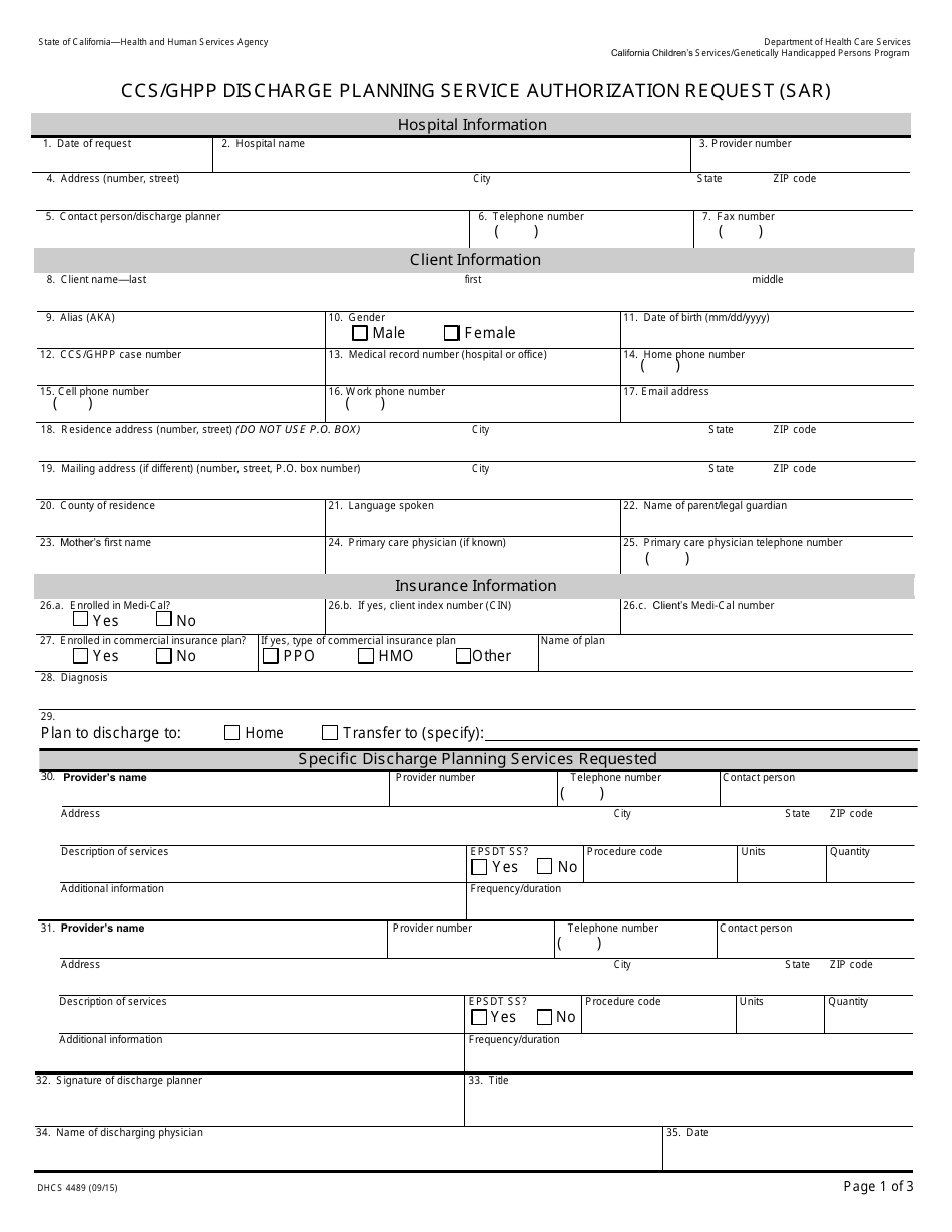 Form DHCS4489 Ccs/Ghpp Discharge Planning Service Authorization Request (Sar) - California, Page 1
