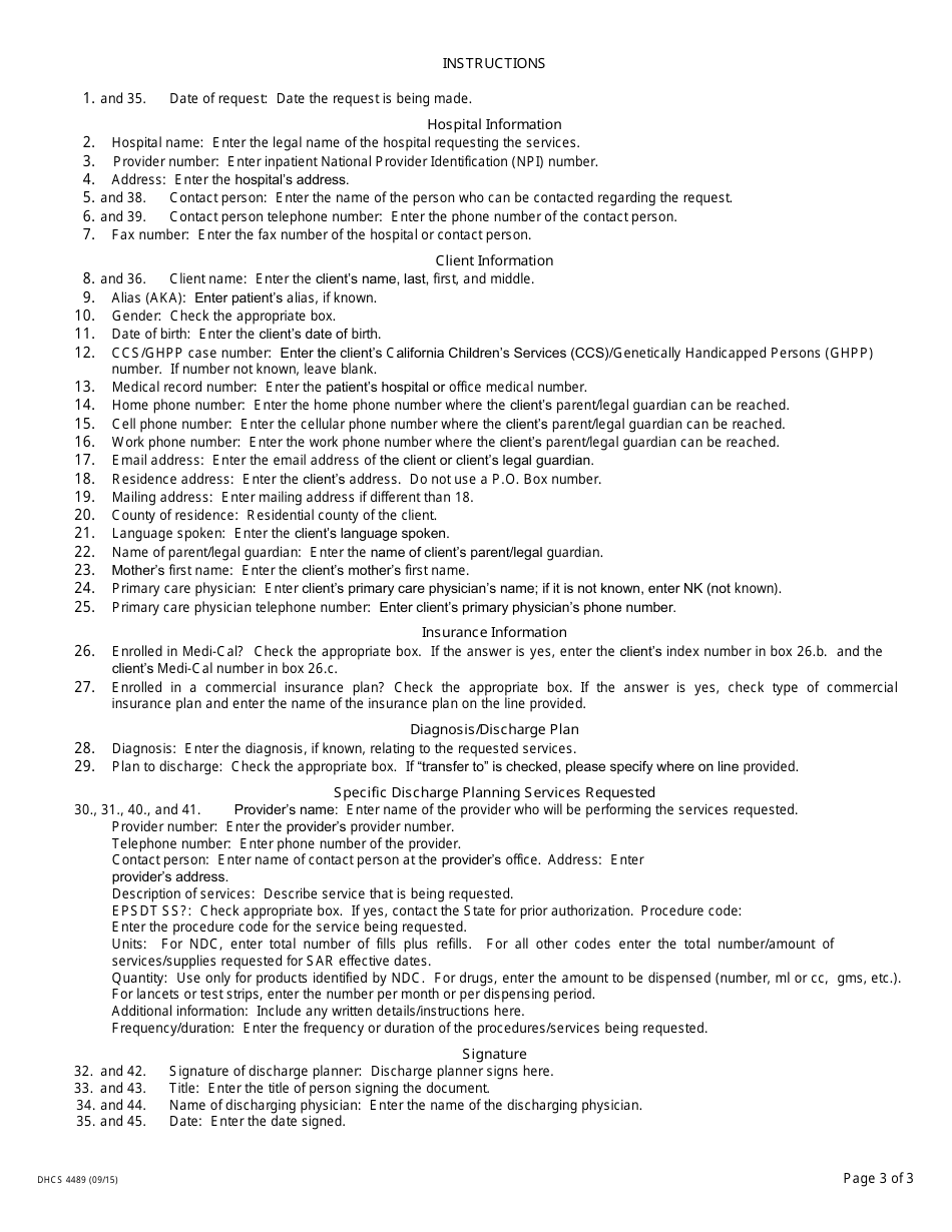 Form DHCS4489 Ccs / Ghpp Discharge Planning Service Authorization Request (Sar) - California, Page 3