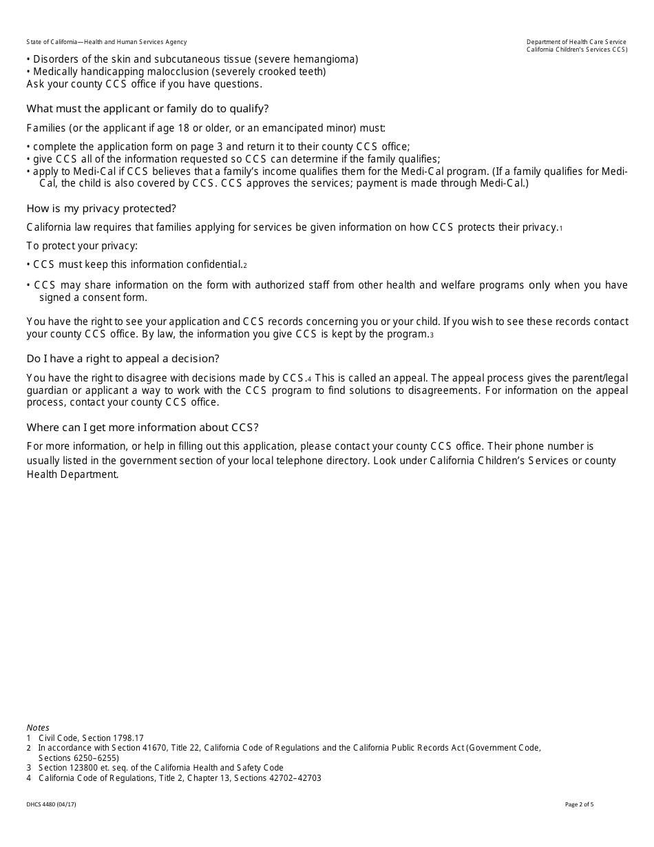 Form DHCS4480 Application to Determine Ccs Program Eligibility - California, Page 2