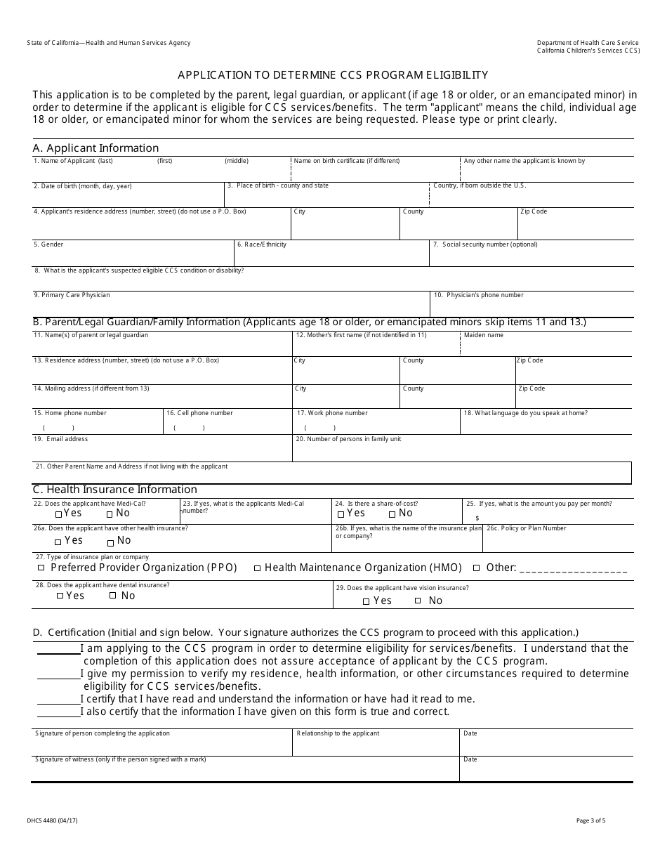 Form DHCS4480 Application to Determine Ccs Program Eligibility - California, Page 3