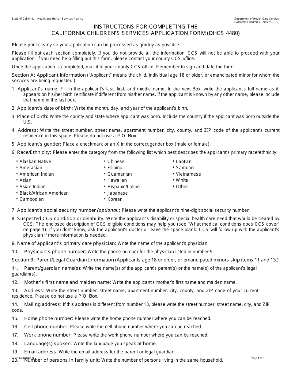 Form DHCS4480 Application to Determine Ccs Program Eligibility - California, Page 4