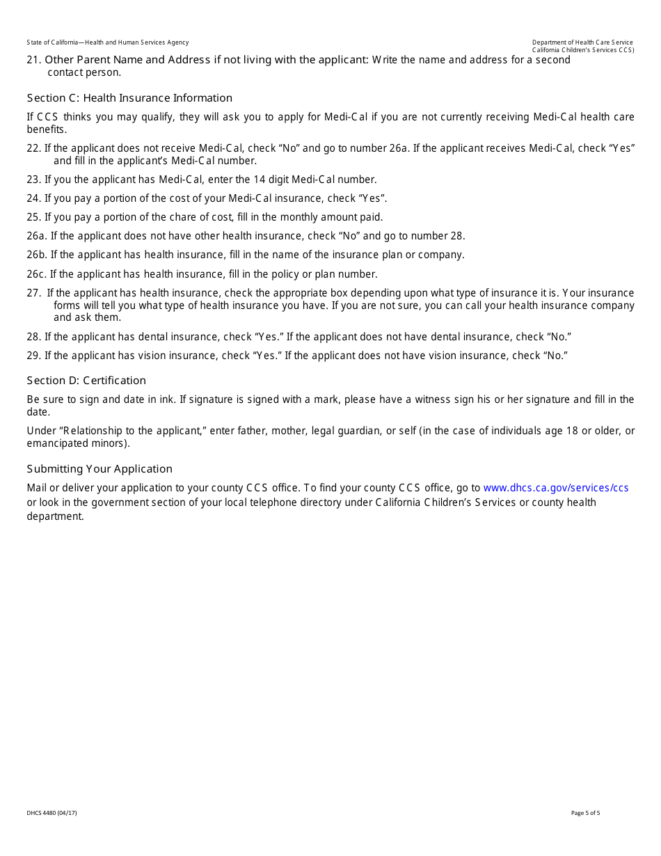Form DHCS4480 Application to Determine Ccs Program Eligibility - California, Page 5