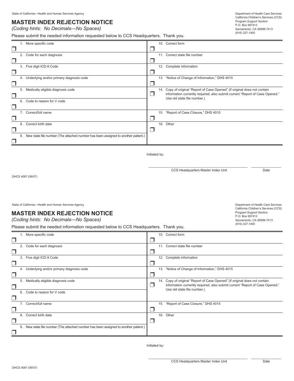 Form DHCS4087 Master Index Rejection Notice - California, Page 1