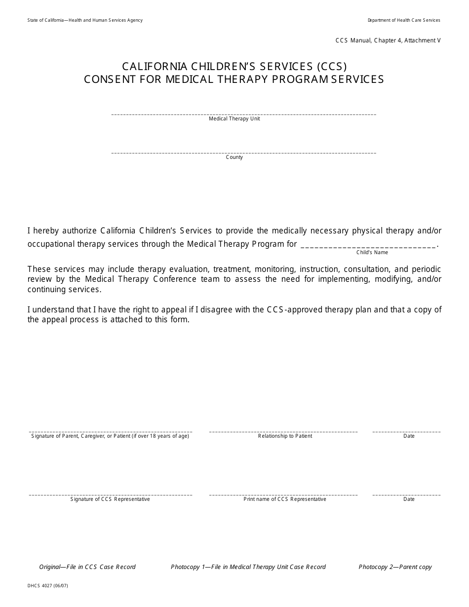 Form DHCS4027 Ccs Consent for Medical Therapy Program Services - California, Page 1