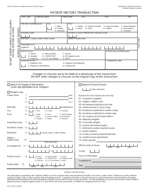 Form DHCS4015 U Patient History Transaction - California