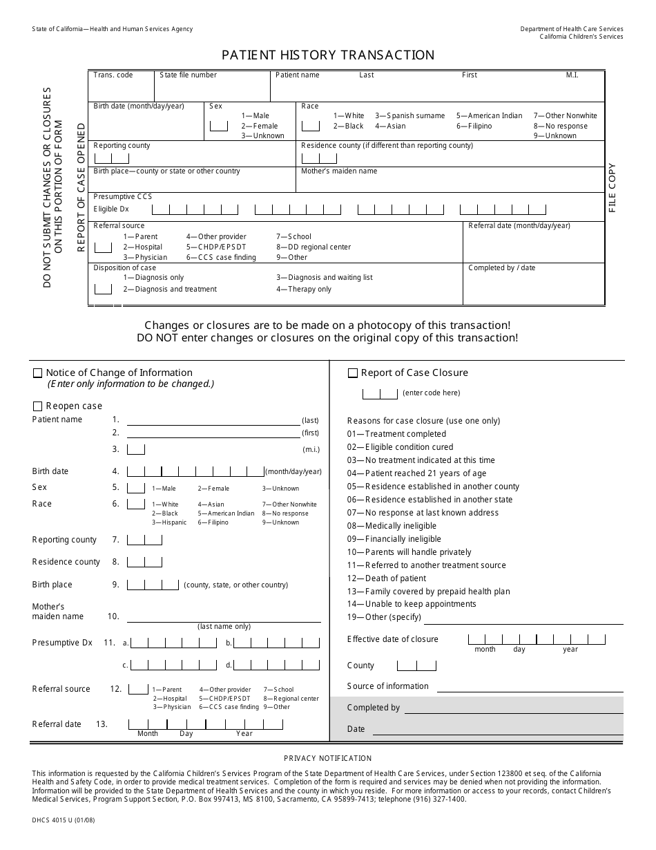Form DHCS4015 U Patient History Transaction - California, Page 1