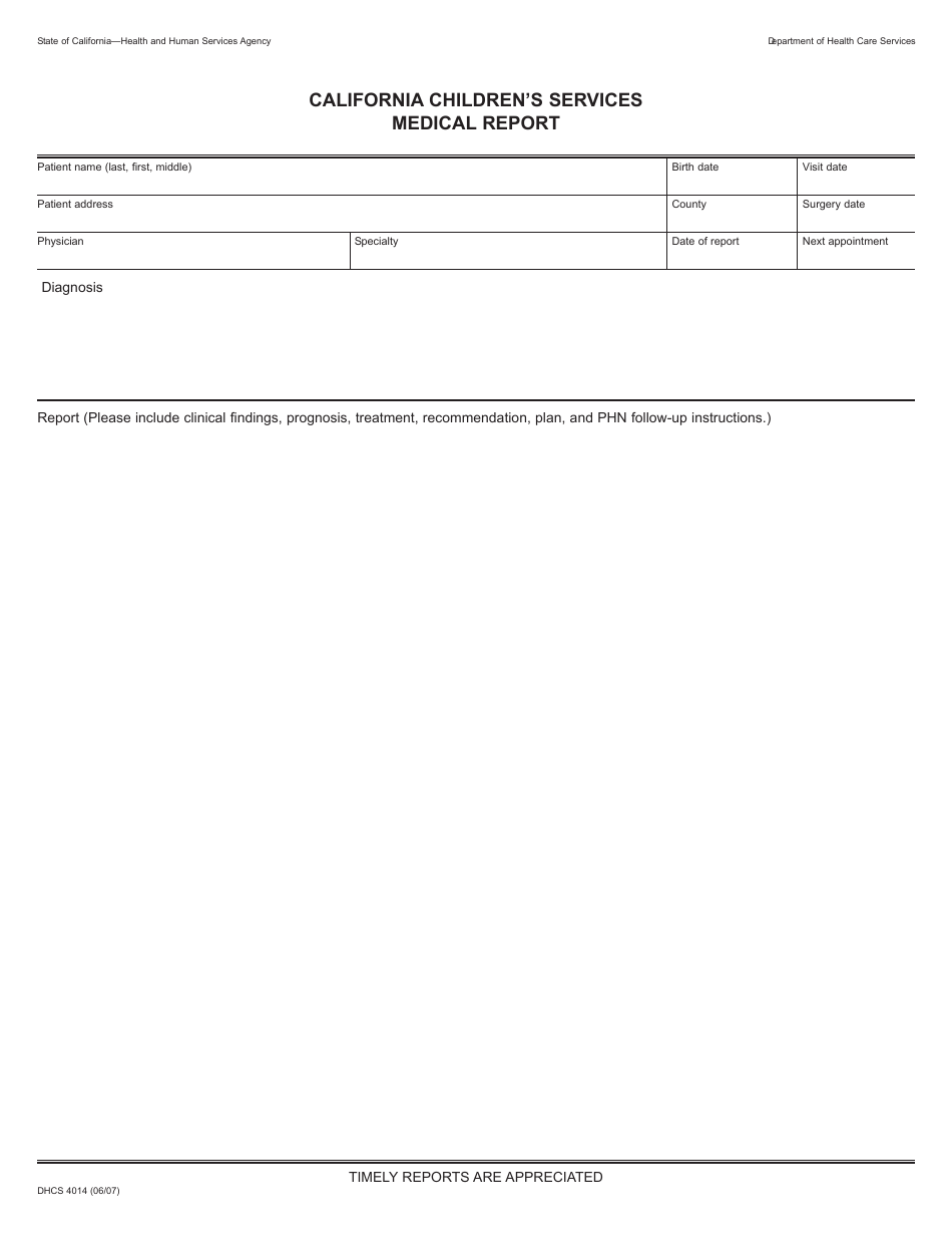 Form DHCS4014 California Childrens Services Medical Report - California, Page 1