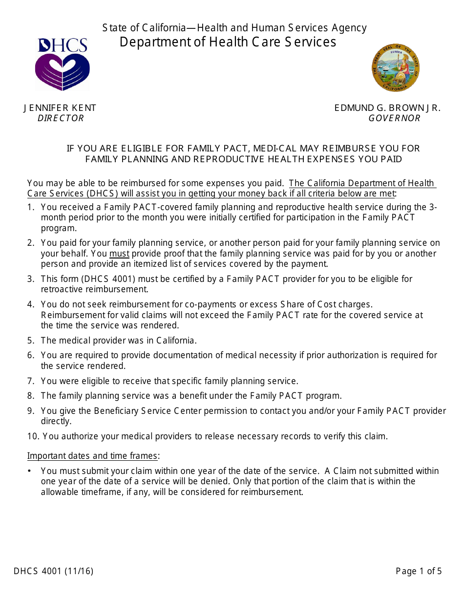 Form DHCS4001 Family Pact Program Retroactive Eligibility Certification (Rec) - California, Page 1