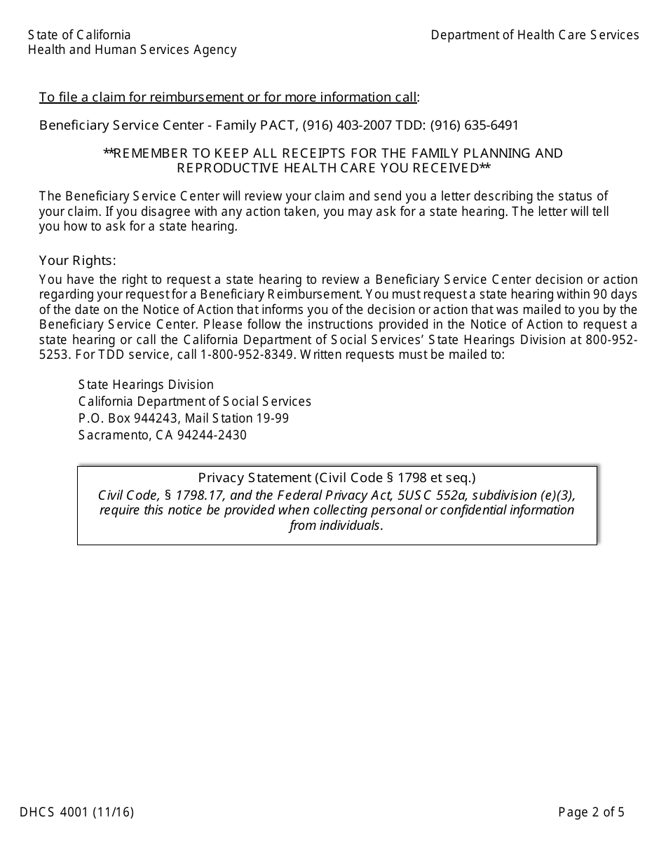 Form DHCS4001 Family Pact Program Retroactive Eligibility Certification (Rec) - California, Page 2