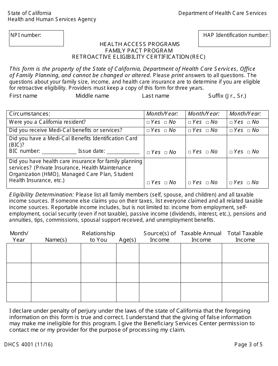 Form DHCS4001 Family Pact Program Retroactive Eligibility Certification (Rec) - California, Page 3