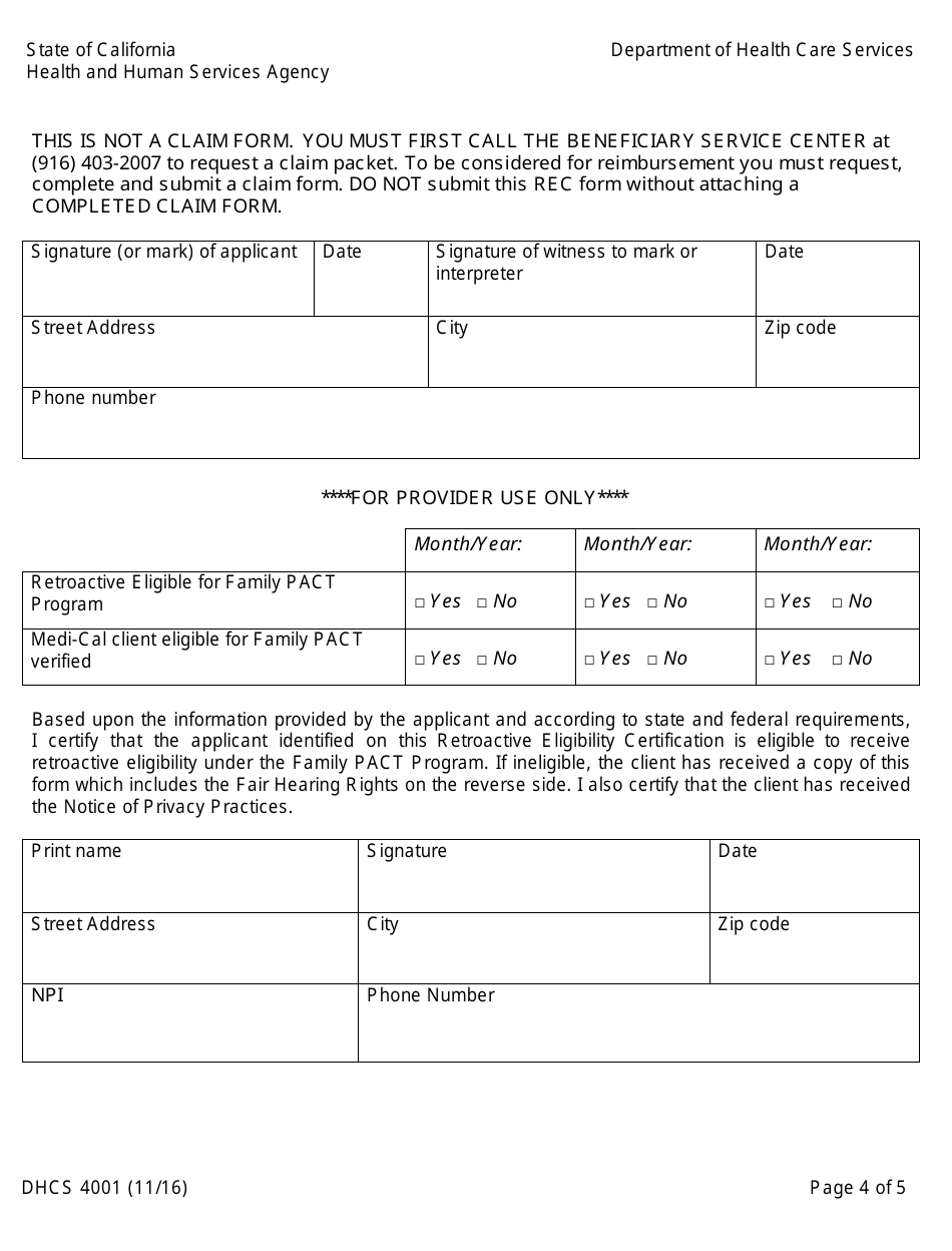 Form DHCS4001 Family Pact Program Retroactive Eligibility Certification (Rec) - California, Page 4