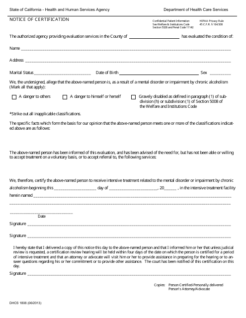 Form DHCS1808  Printable Pdf