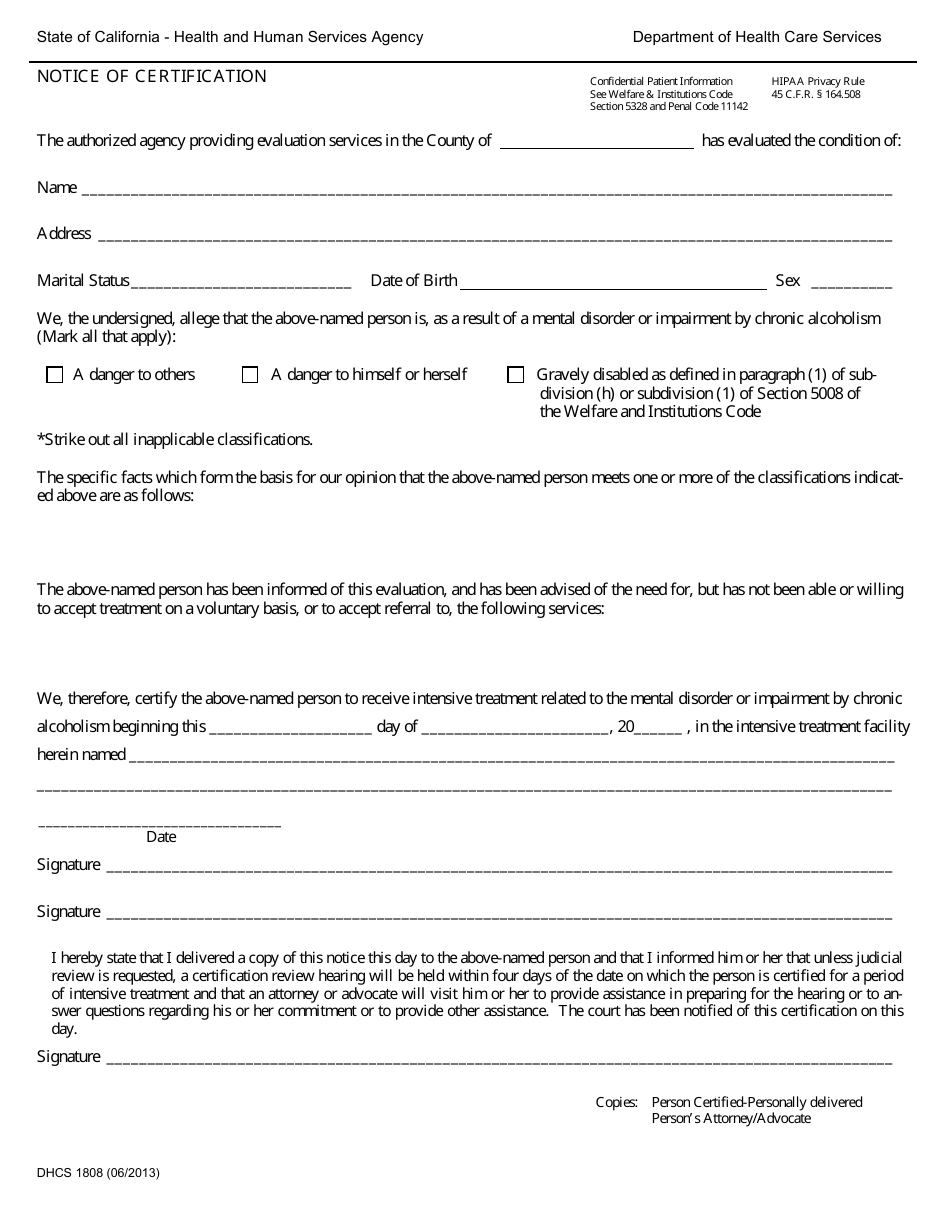 Form DHCS1808 - Fill Out, Sign Online and Download Printable PDF ...