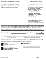 Formulario DHCS1807 SP Autorizacion De Divulgacion De Informacion Protegida De La Salud E Informacion Confidencial - California (Spanish)