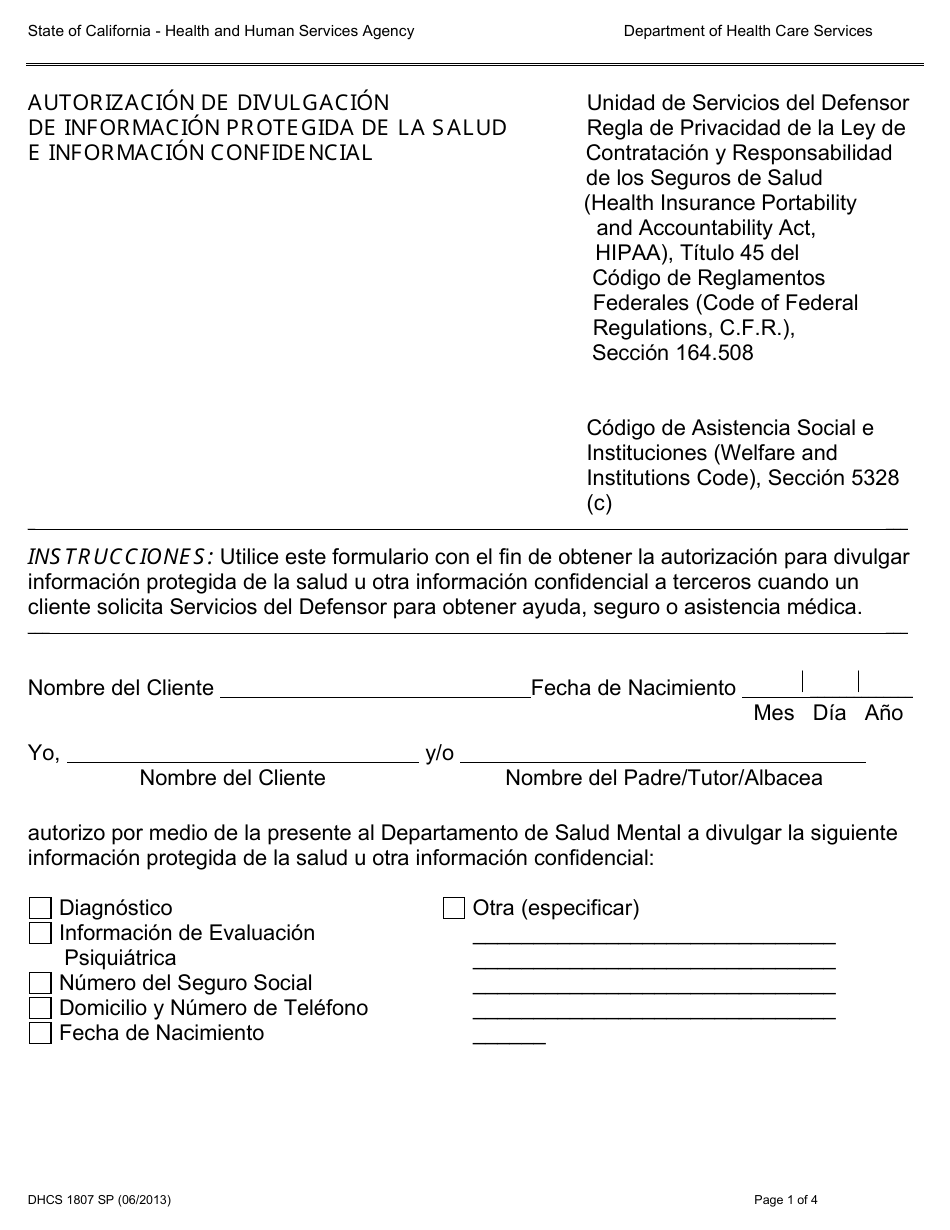 Formulario DHCS1807 SP Autorizacion De Divulgacion De Informacion Protegida De La Salud E Informacion Confidencial - California (Spanish), Page 1