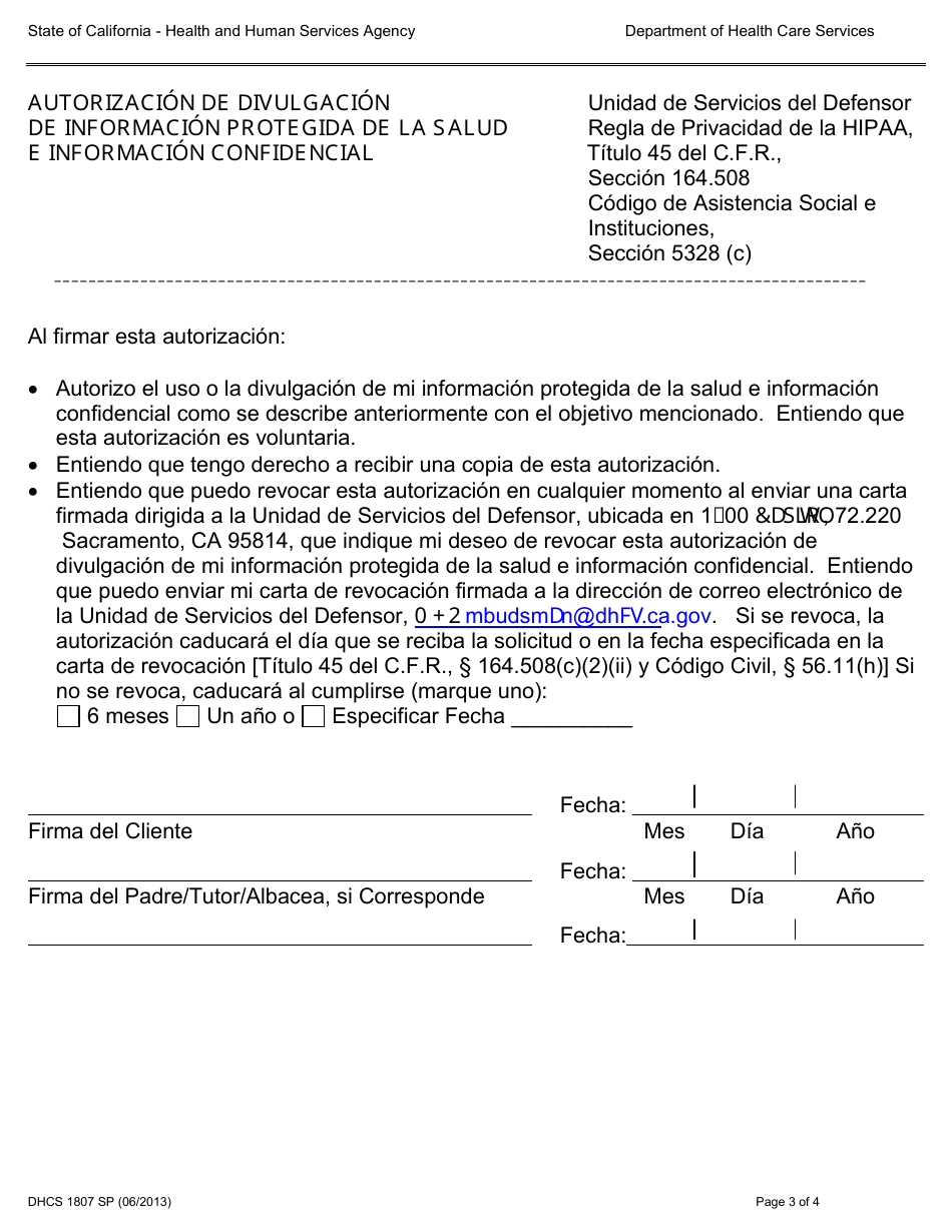 Formulario DHCS1807 SP Autorizacion De Divulgacion De Informacion Protegida De La Salud E Informacion Confidencial - California (Spanish), Page 3