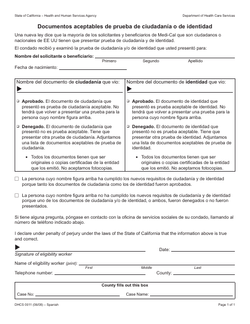 Formulario DHCS0011 Documentos Aceptables De Prueba De Ciudadania O De Identidad - California (Spanish)