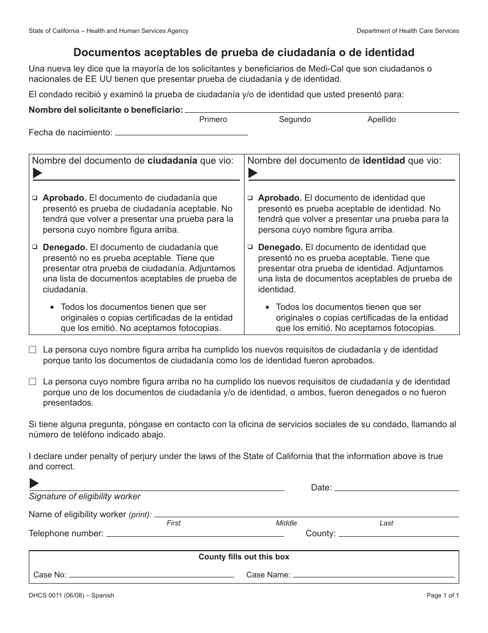 Formulario DHCS0011 Documentos Aceptables De Prueba De Ciudadania O De Identidad - California (Spanish), Page 1