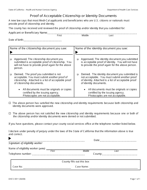 Form DHCS0011 Proof of Acceptable Citizenship or Identity Documents - California