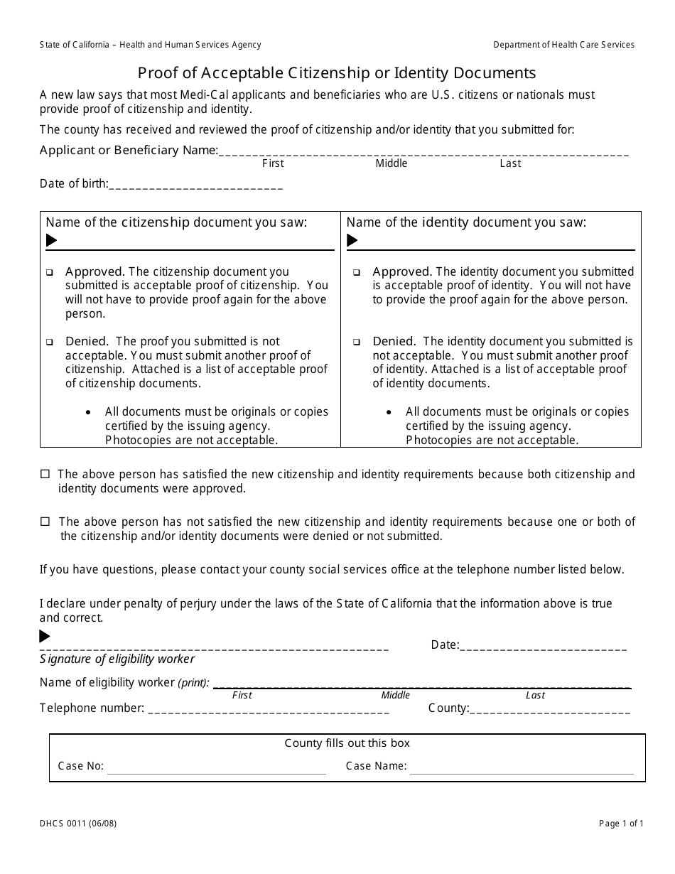 Form DHCS0011 Proof of Acceptable Citizenship or Identity Documents - California, Page 1
