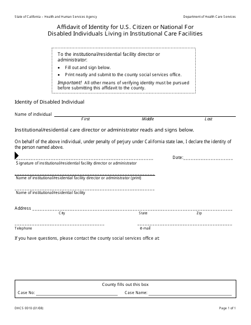 Form DHCS0010 Affidavit of Identity for U.S. Citizen or National for Disabled Individuals Living in Institutional Care Facilities - California