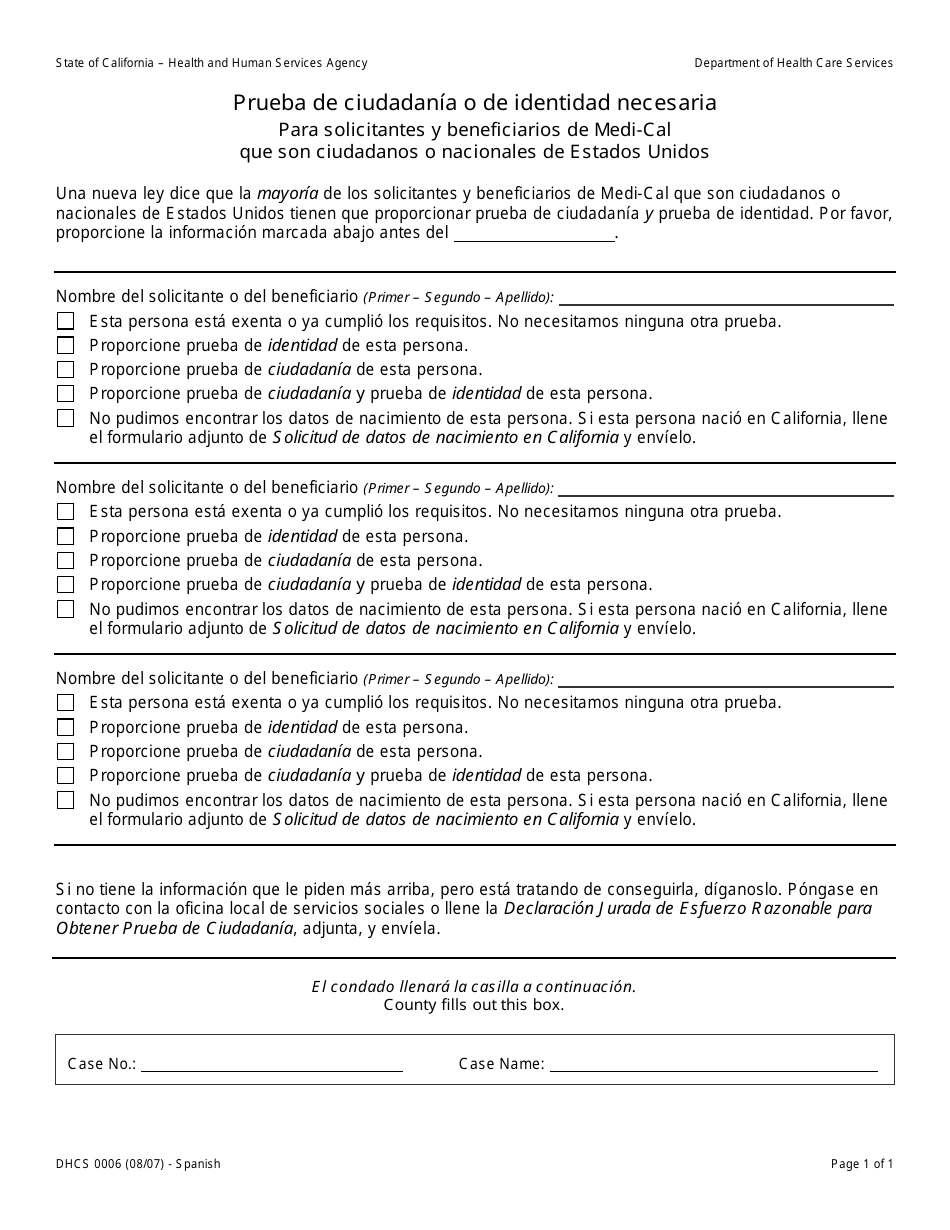 Formulario DHCS0006 Prueba De Ciudadania O De Identidad Necesaria - California (Spanish), Page 1
