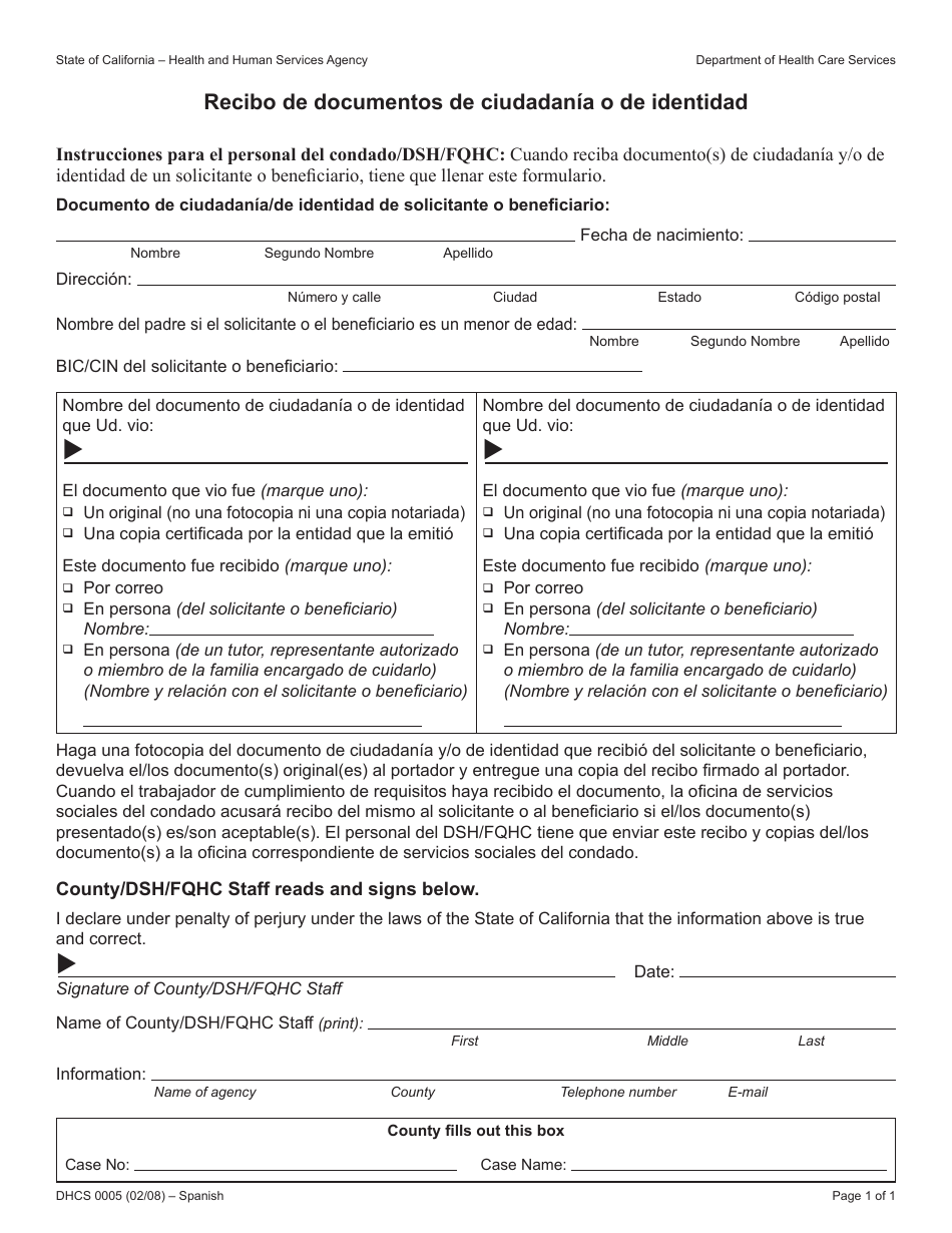 Formulario DHCS0005 Recibo De Documentos De Ciudadania O De Identidad - California (Spanish), Page 1