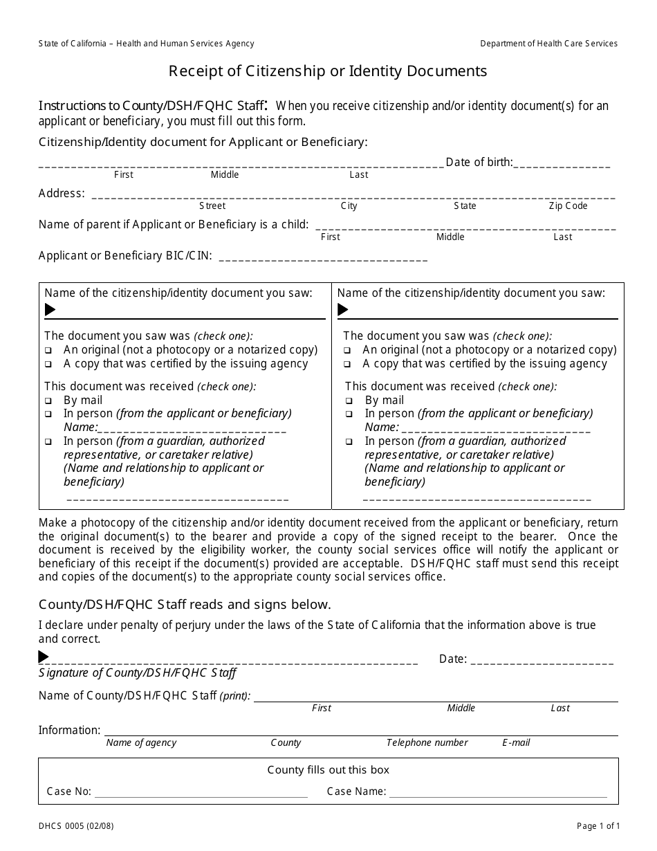 Form DHCS0005 Receipt of Citizenship and Identity Documents - California, Page 1