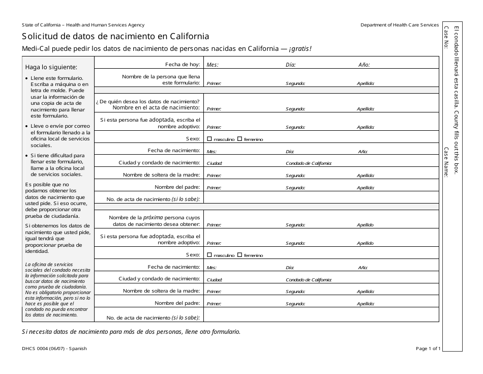 Formulario DHCS0004 Solicitud De Datos De Nacimiento En California - California (Spanish), Page 1