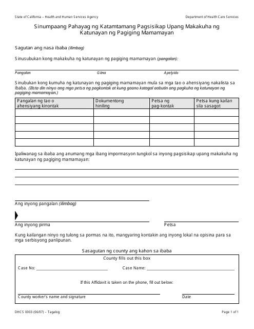 Form DHCS0003 Affidavit of Reasonable Effort to Get Proof of Citizenship - California (Tagalog)