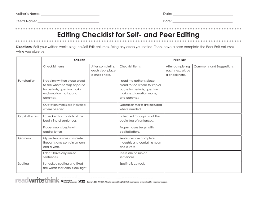 Editing Checklist Template for Self- and Peer Editing - Image Preview