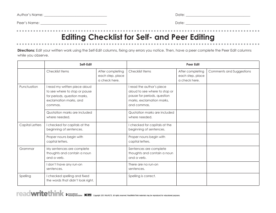 Editing Checklist Template for Self- and Peer Editing - Image Preview