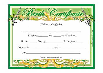 Document preview: Baby Birth Certificate Template - Green