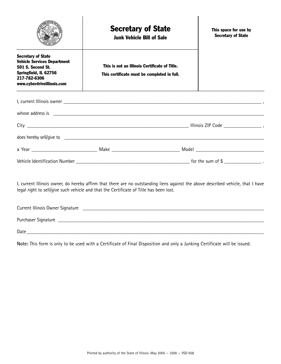 Form VSD658 Junk Vehicle Bill of Sale - Illinois, Page 1
